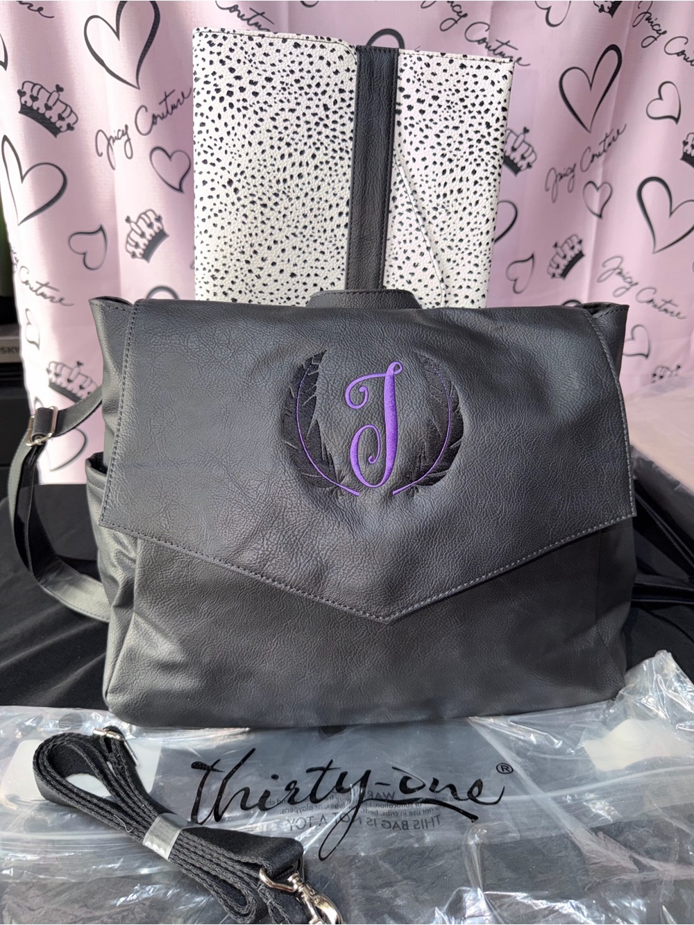 Thirty-One Black On Point Backpack with Purple “J” Monogram & Laptop Sleeve